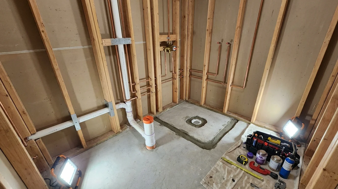 Bathroom rough-in plumbing during remodel by Johns Plumbing LLC in Forest