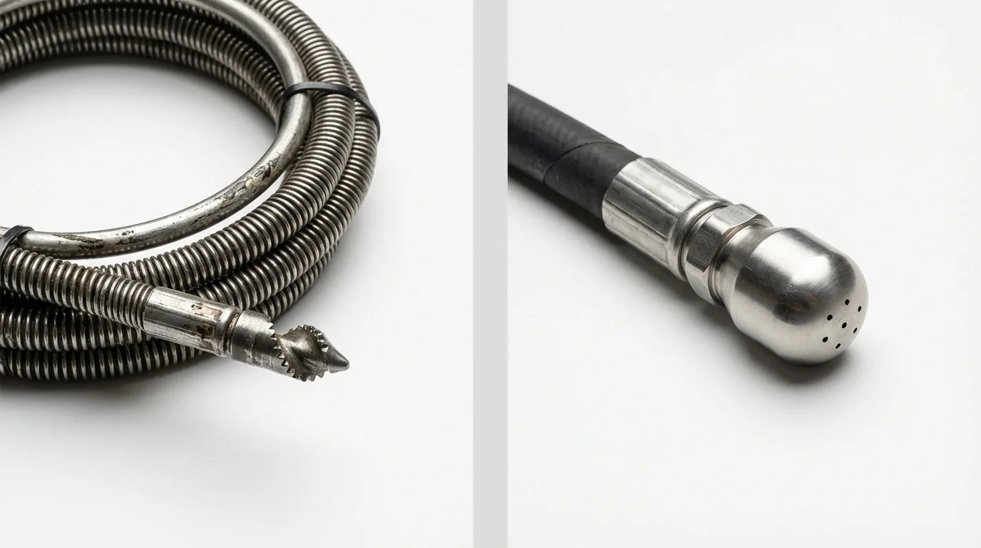 Drain snake cable and hydro jetting nozzle used for drain cleaning in Forest, OH
