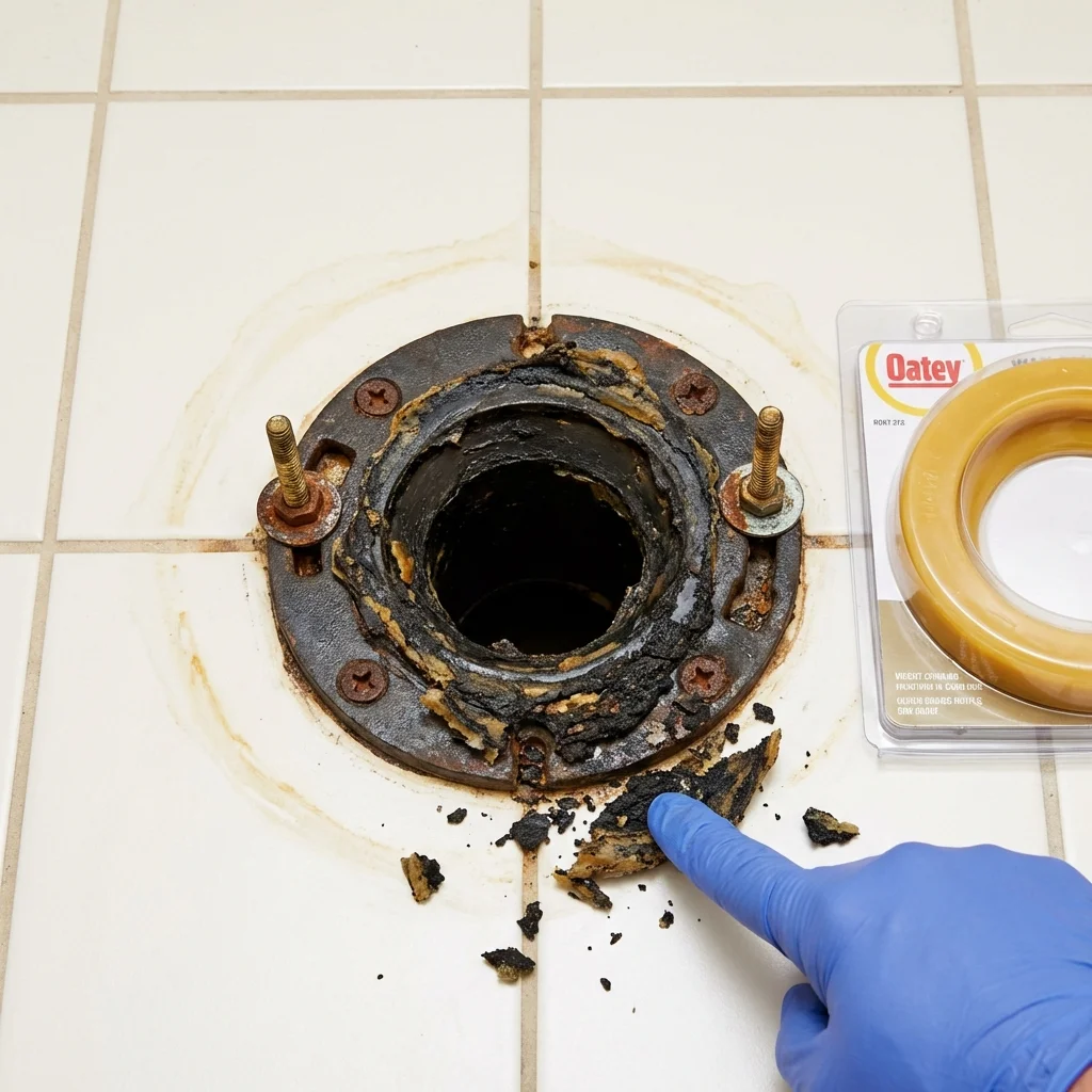 Failed wax ring showing water seepage at the base of a toilet in a Forest, OH home